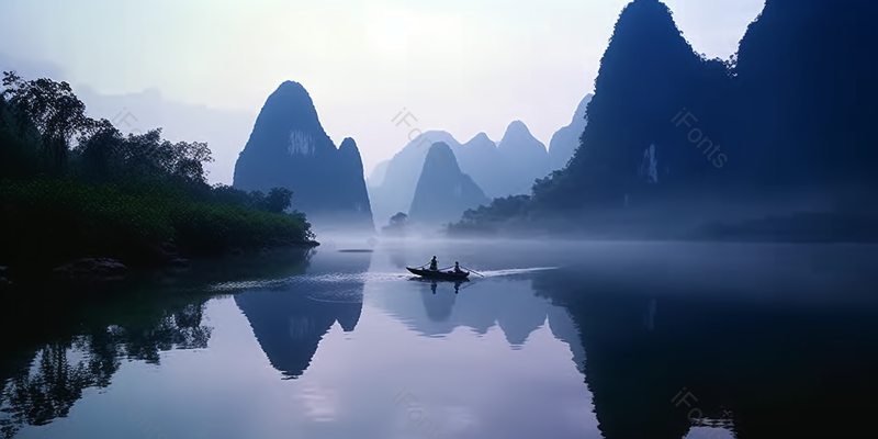 暗色浓雾山水画船只江面水汽风景背景,高清,摄影图,摄影图片,图片大全,摄影图免费下载
